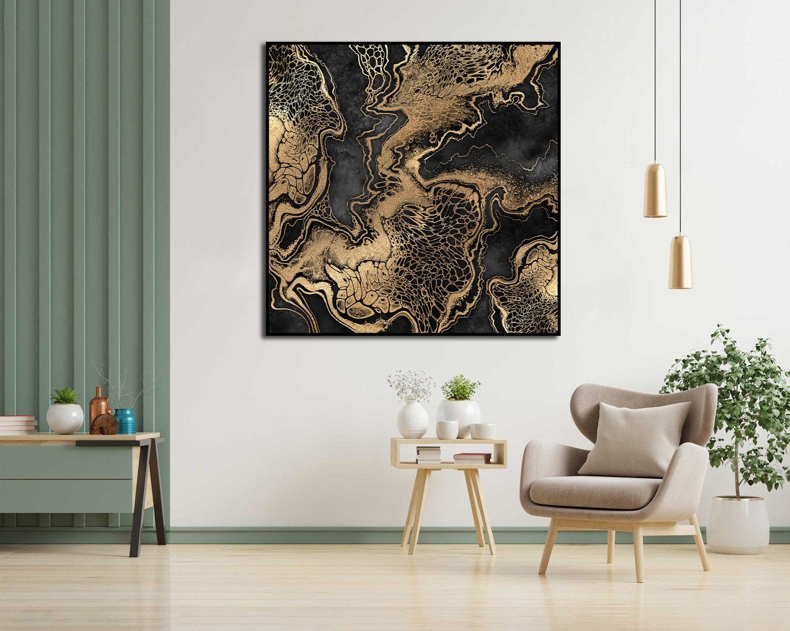 Framed 1 Panel - Abstract - Gold Veins on Black Background