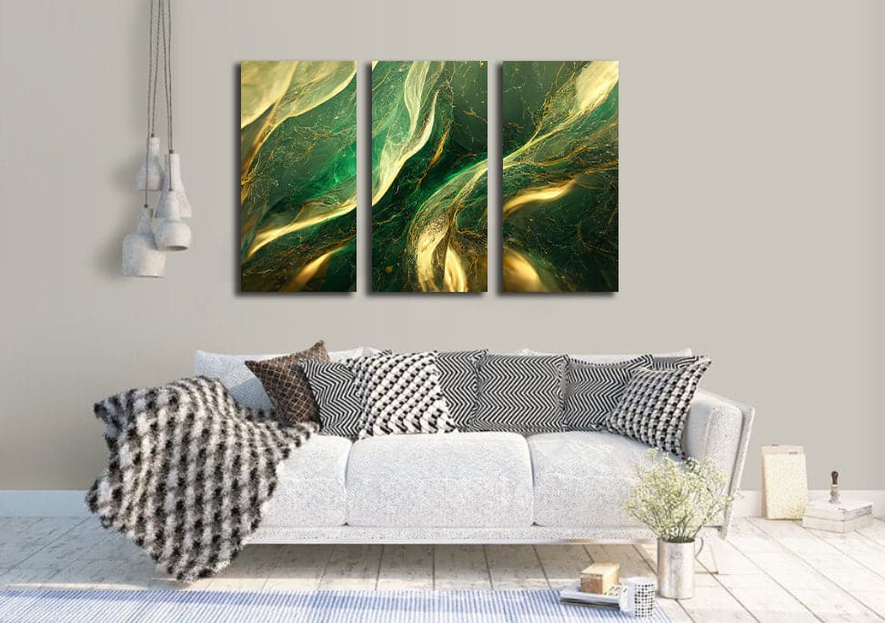 Framed 3 Panels  - Abstract - Green and Gold Marble Texture