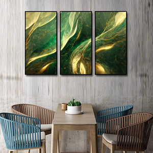 Framed 3 Panels  - Abstract - Green and Gold Marble Texture