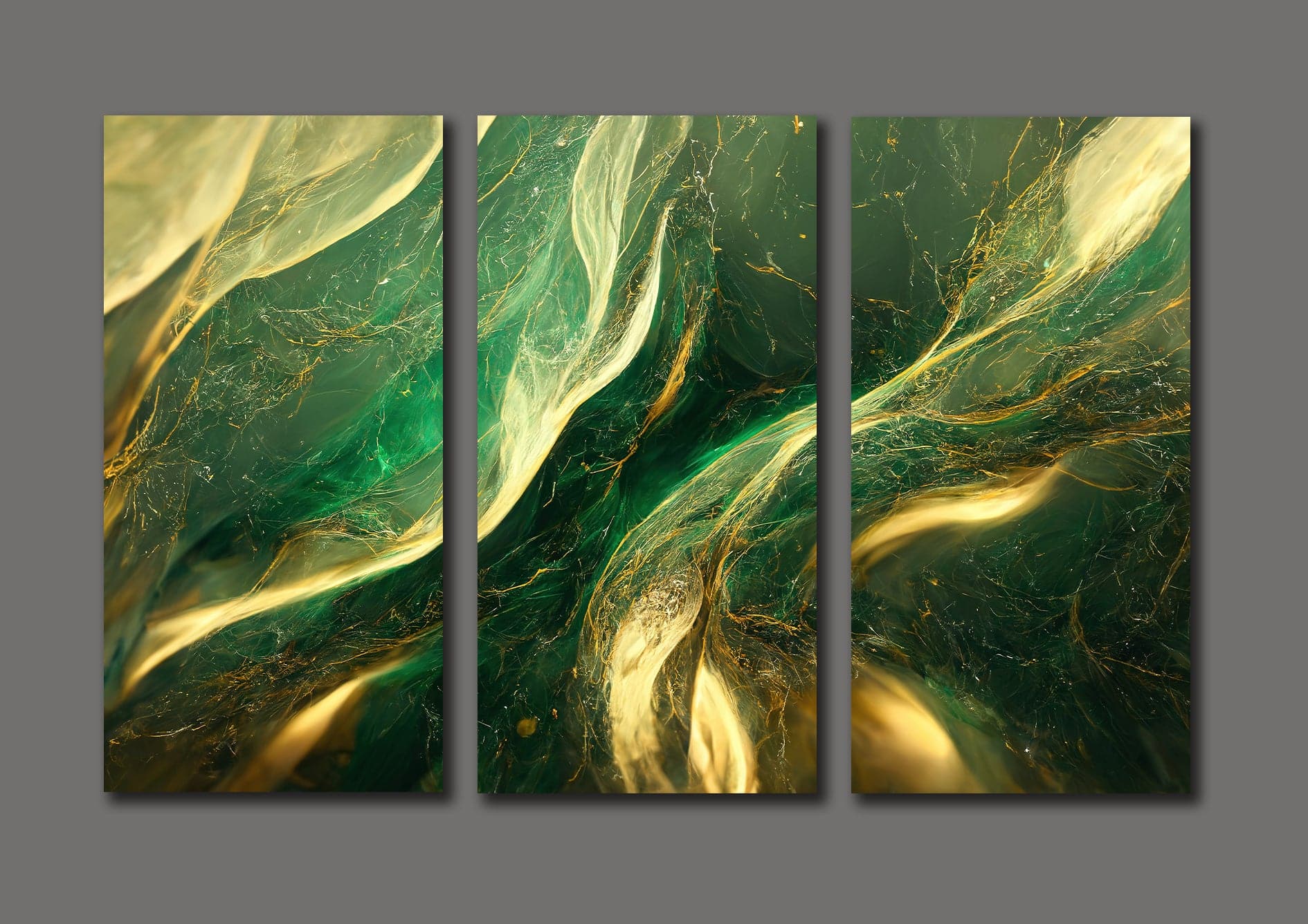 Framed 3 Panels  - Abstract - Green and Gold Marble Texture