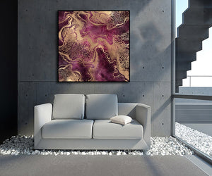 Framed 1 Panel - Abstract - Pink Black Watercolor Texture with Gold Veins,