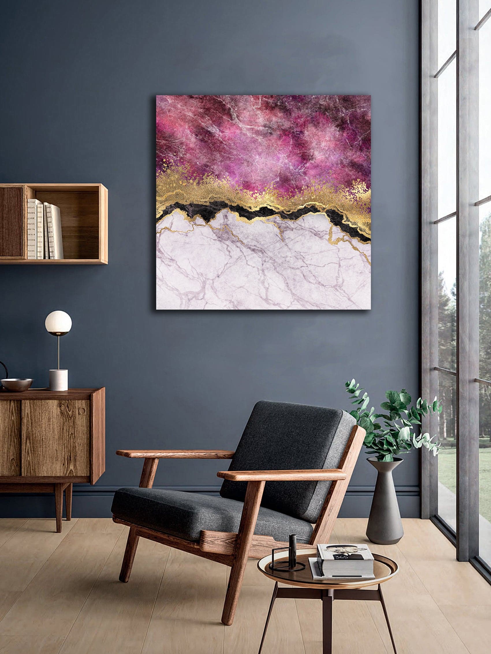 Framed 1 Panel - Abstract - Pink Marble with Veins Stone Texture, Gold Foil and Glitter