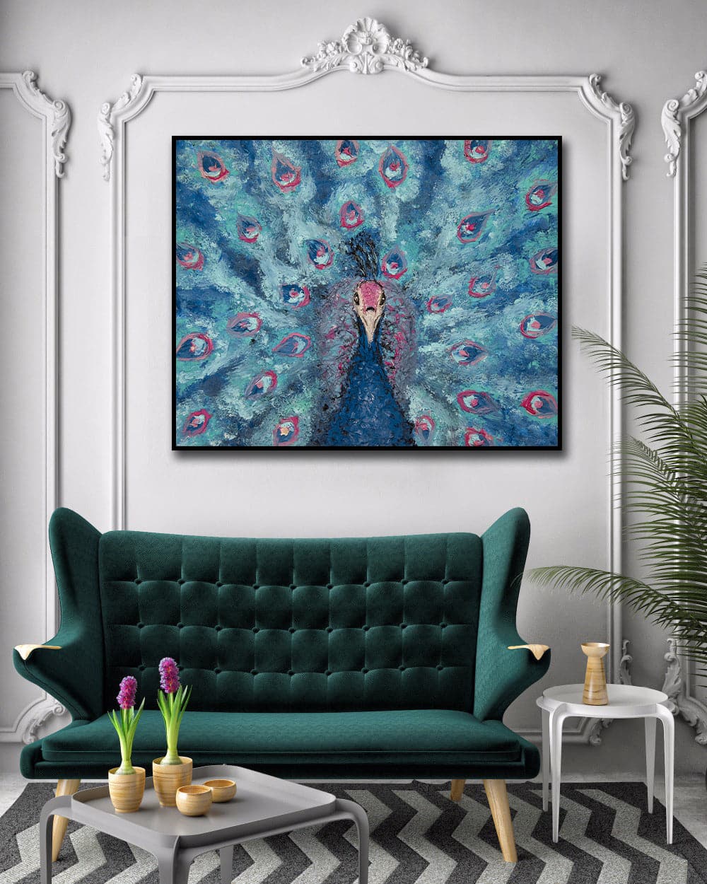 Framed 1 Panel - Portrait of a Blue and Pink Peacock