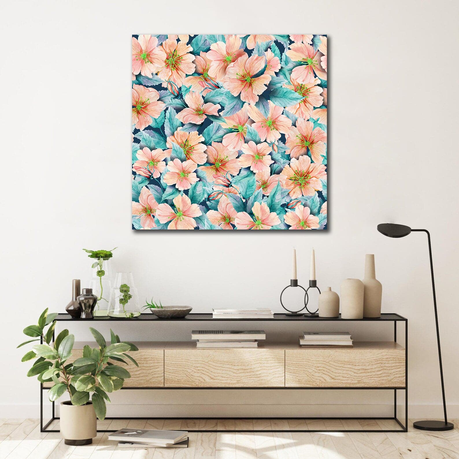 Framed 1 Panel - Rose Hip Flowers with Leaves in Seamless Pattern