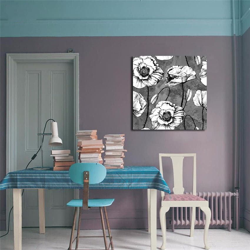 Framed 1 Panel - Seamless Pattern black & White Poppies