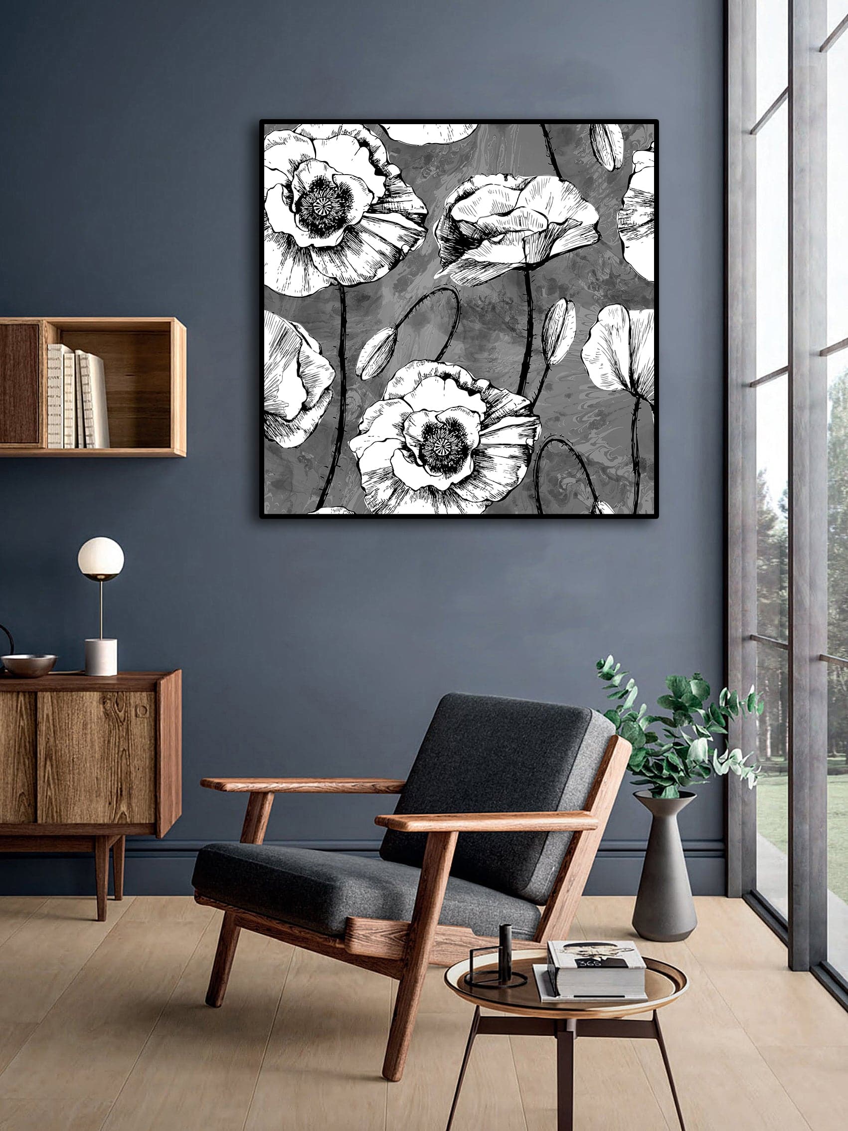 Framed 1 Panel - Seamless Pattern black & White Poppies