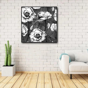 Framed 1 Panel - Seamless Pattern black & White Poppies