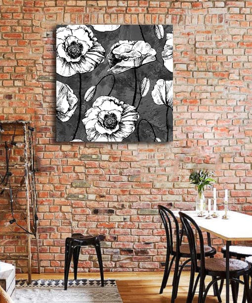 Framed 1 Panel - Seamless Pattern black & White Poppies