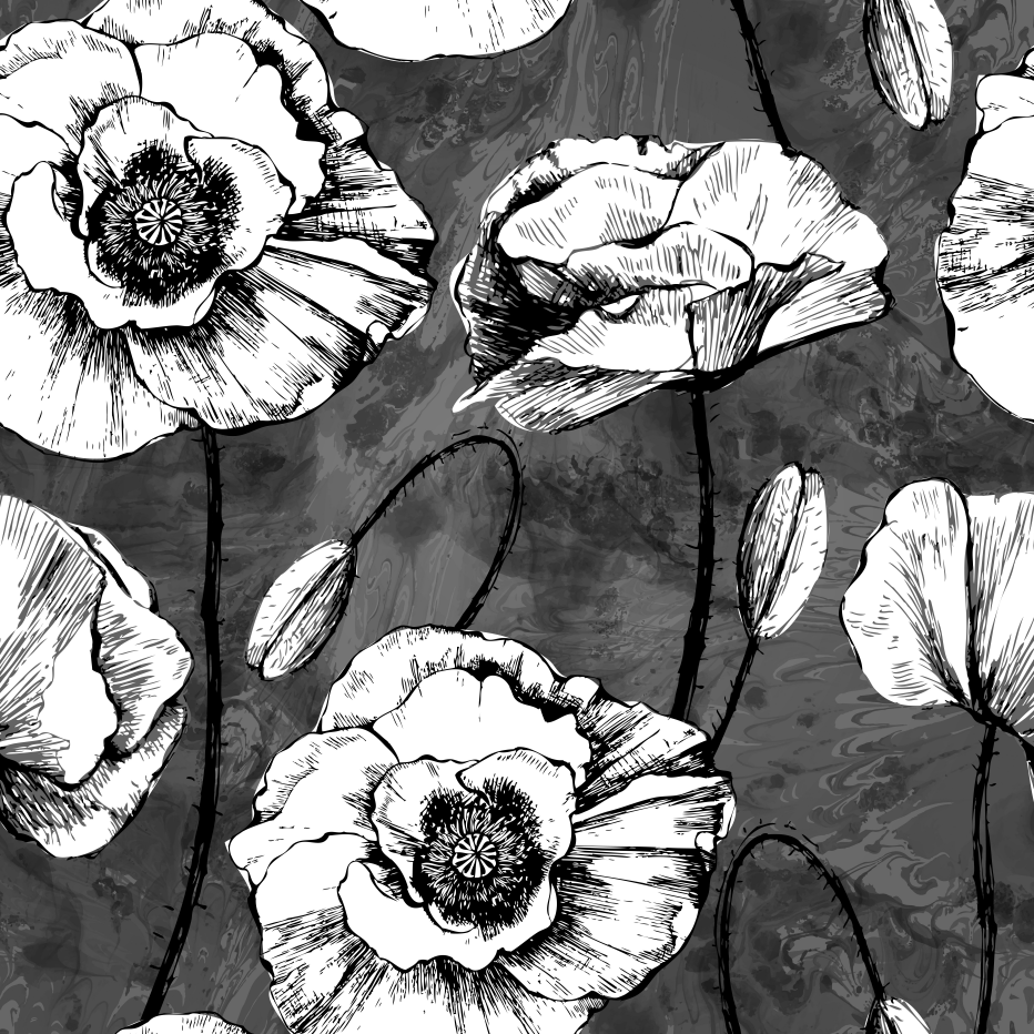 Framed 1 Panel - Seamless Pattern black & White Poppies