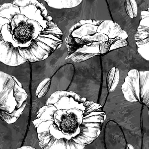 Framed 1 Panel - Seamless Pattern black & White Poppies