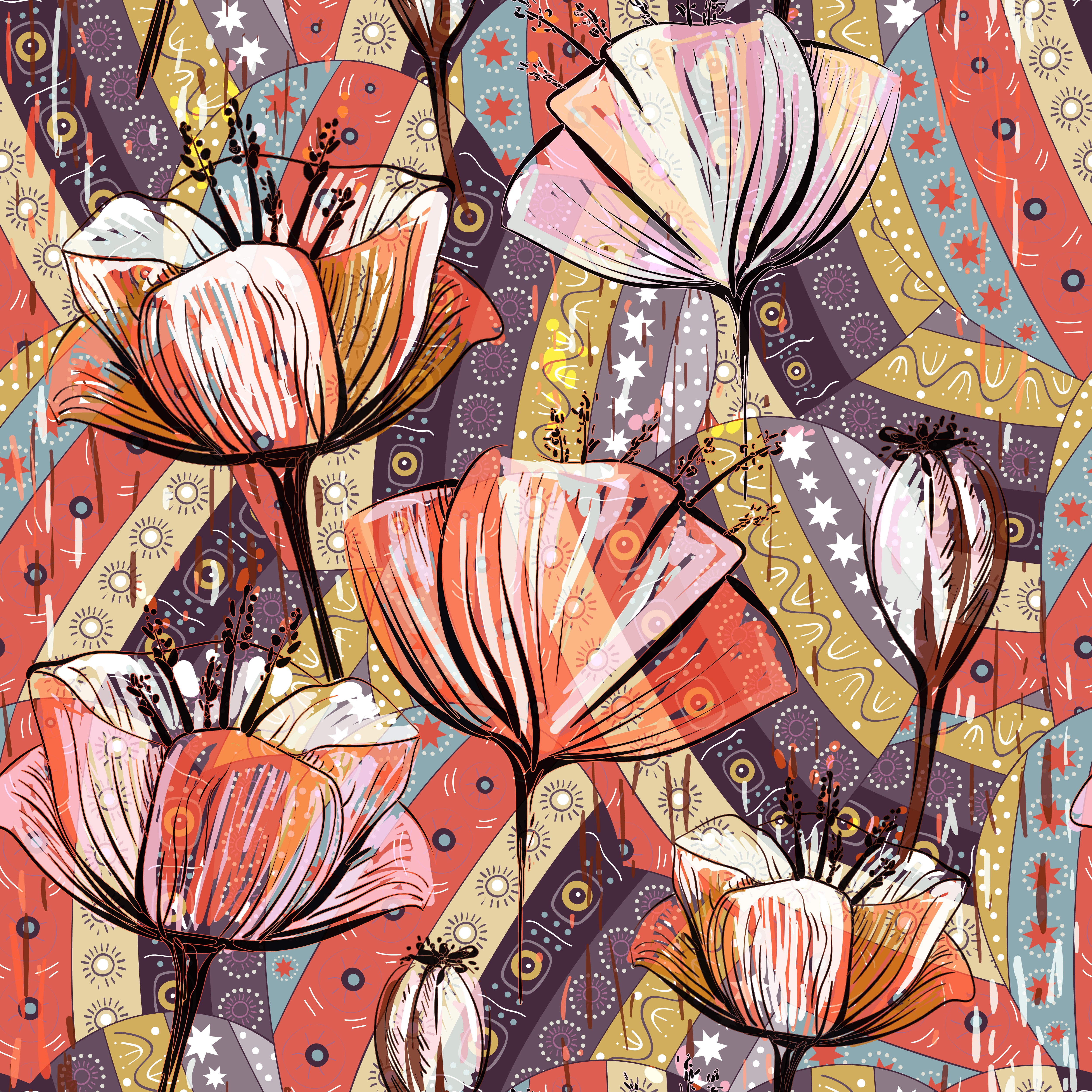 Framed 1 Panel - Tulips Seamless Vector Pattern