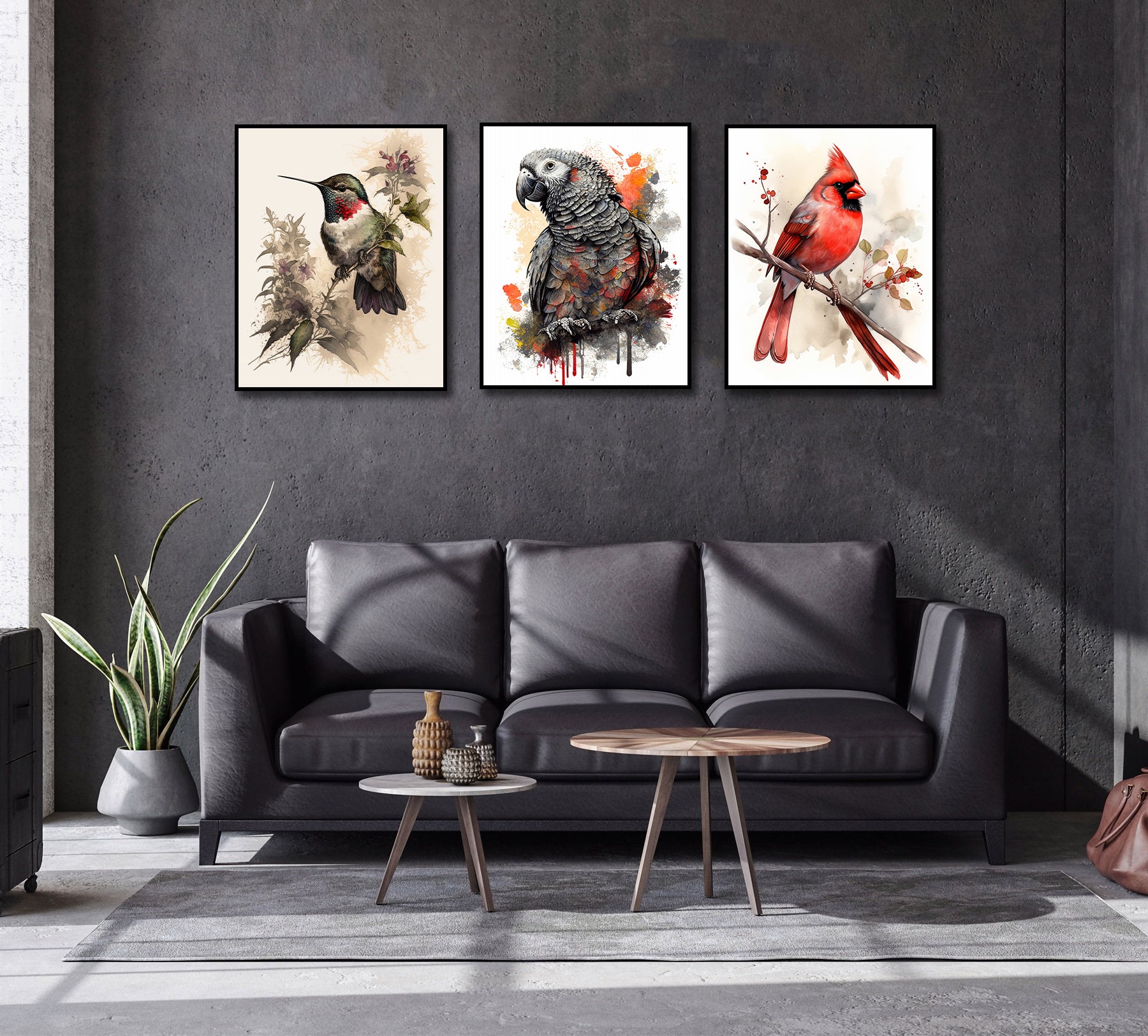 Framed 3 Panels - Hummingbirds, African Grey Gyotaku, Northern Cardinal