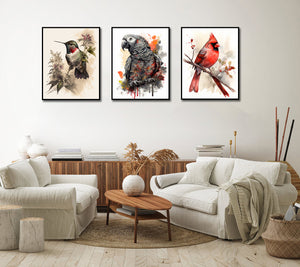 Framed 3 Panels - Hummingbirds, African Grey Gyotaku, Northern Cardinal