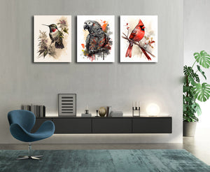 Framed 3 Panels - Hummingbirds, African Grey Gyotaku, Northern Cardinal