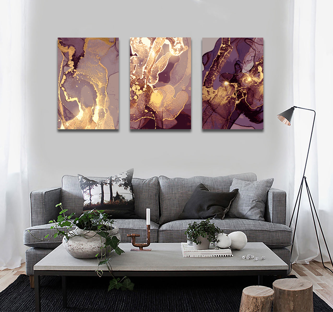 Framed 3 Panels - Gold Marble Abstract