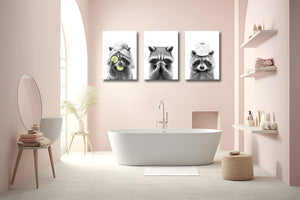 Framed 3 Panels  - Set of 3 Adorable Raccoon Bathroom Prints