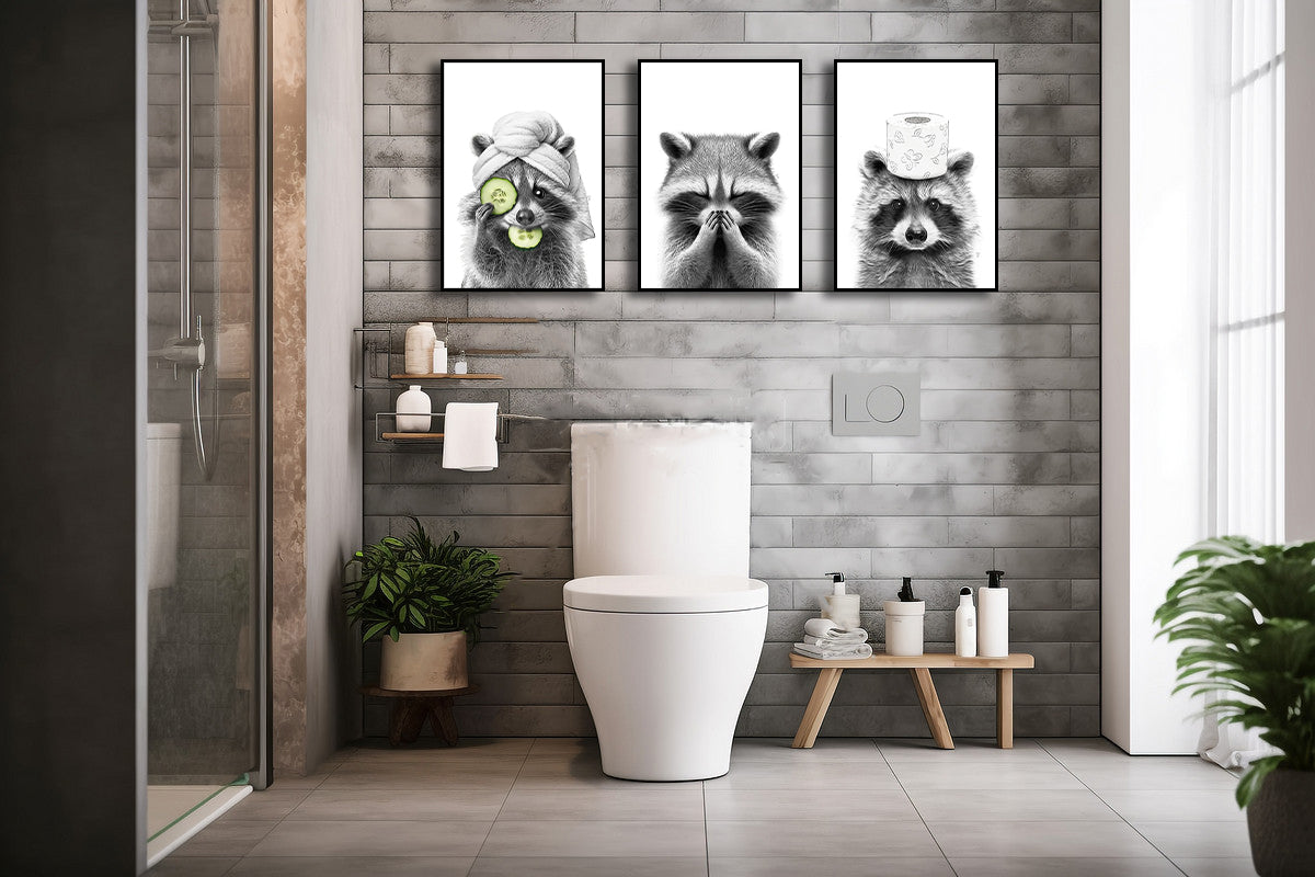 Framed 3 Panels  - Set of 3 Adorable Raccoon Bathroom Prints