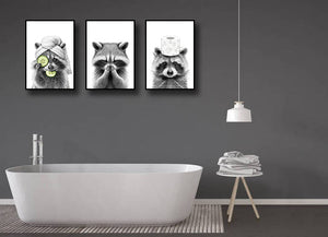 Framed 3 Panels  - Set of 3 Adorable Raccoon Bathroom Prints