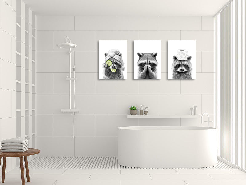 Framed 3 Panels  - Set of 3 Adorable Raccoon Bathroom Prints