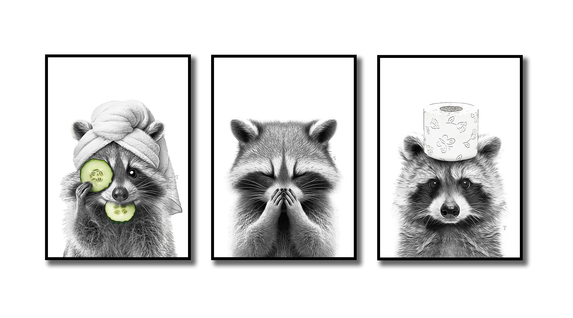 Framed 3 Panels  - Set of 3 Adorable Raccoon Bathroom Prints