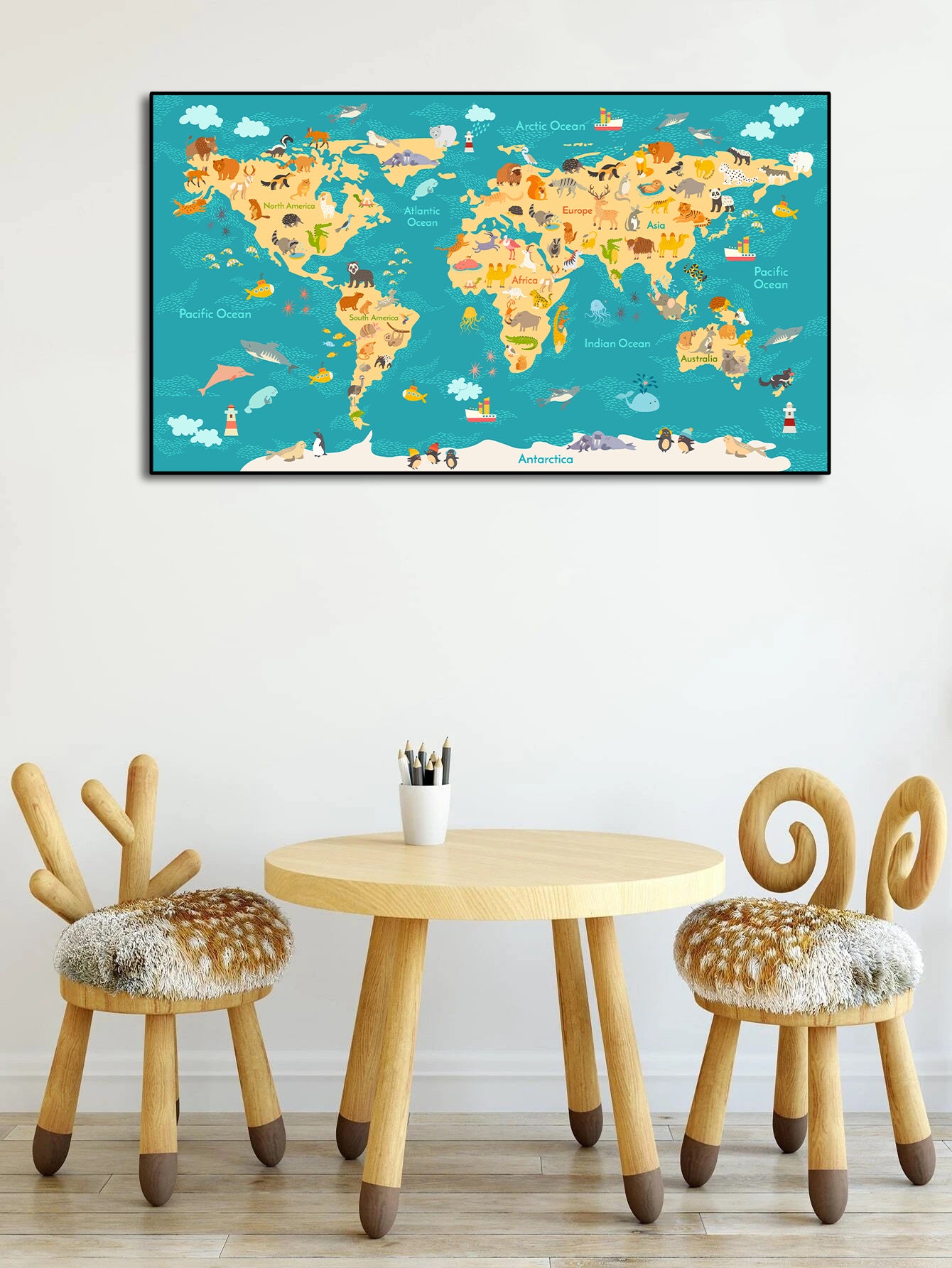 Framed 1 Panel - Kids Room - Animals World Map