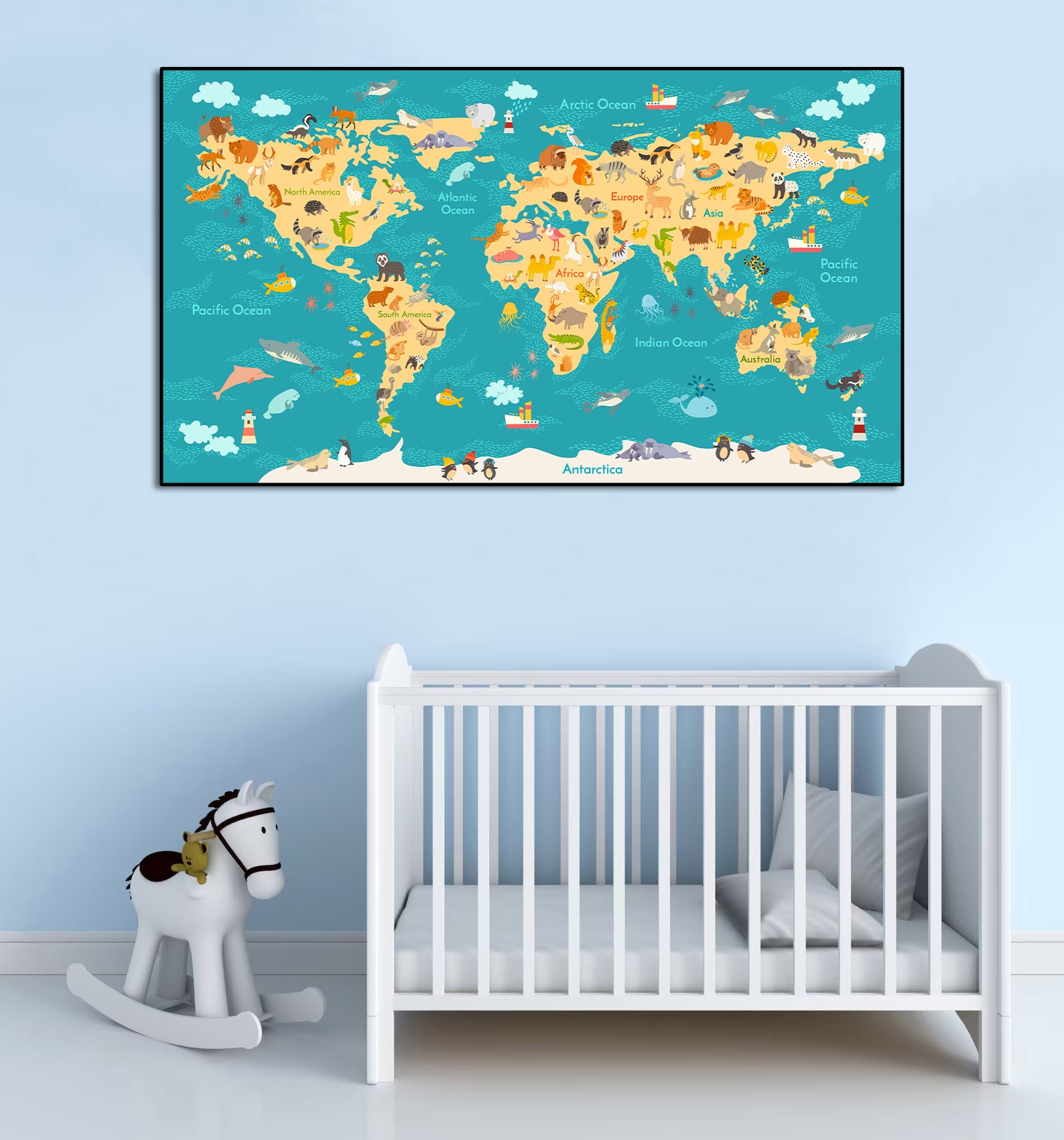 Framed 1 Panel - Kids Room - Animals World Map