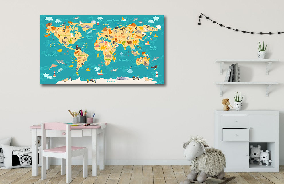 Framed 1 Panel - Kids Room - Animals World Map