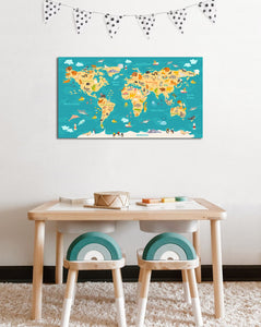 Framed 1 Panel - Kids Room - Animals World Map