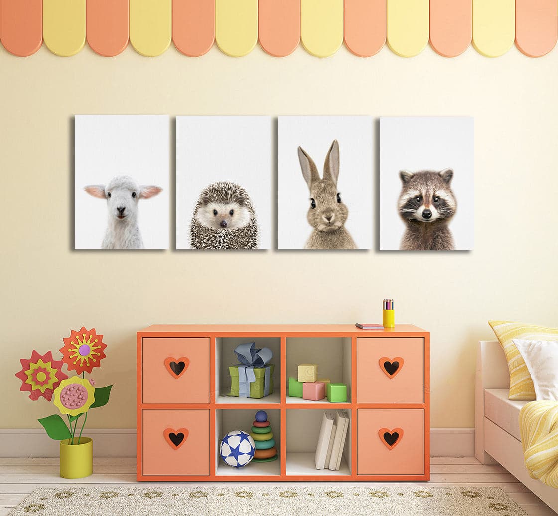 Framed 4 Panels - Kids Room - A Set of Cute Animals