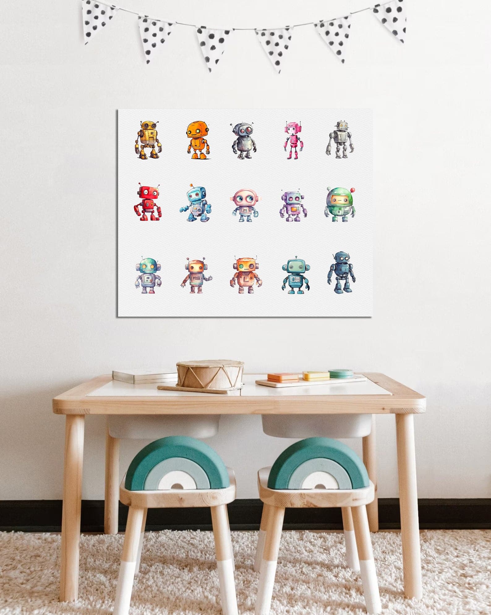 Framed 1 Panel  - Kids Room - 15 Cute Robots Watercolor