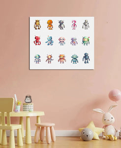 Framed 1 Panel  - Kids Room - 15 Cute Robots Watercolor