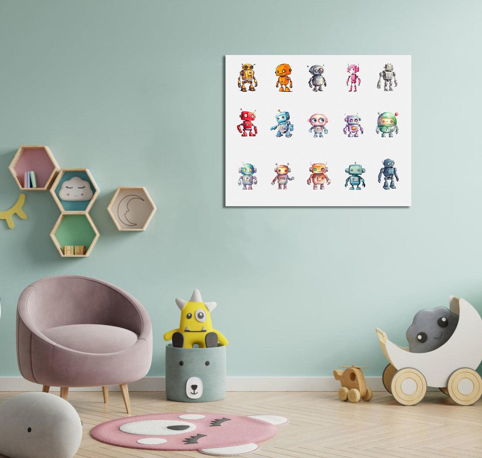 Framed 1 Panel  - Kids Room - 15 Cute Robots Watercolor