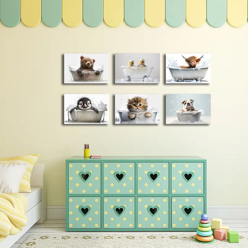 Framed 6 Panels - Kids Room - Cute Animals in Bath