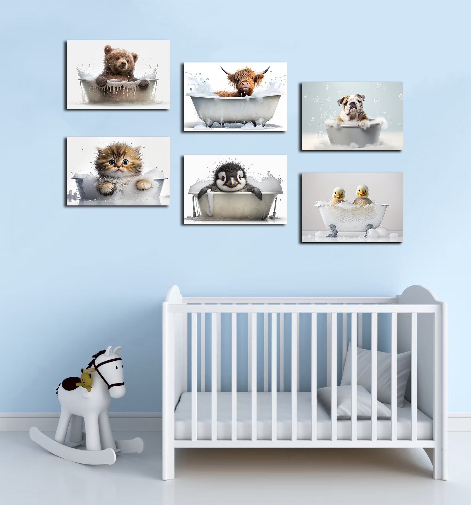 Framed 6 Panels - Kids Room - Cute Animals in Bath