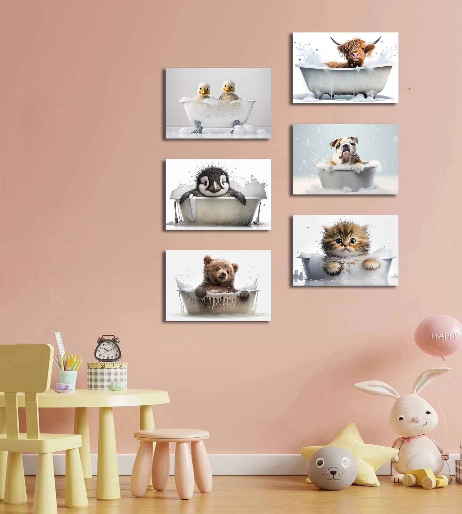 Framed 6 Panels - Kids Room - Cute Animals in Bath