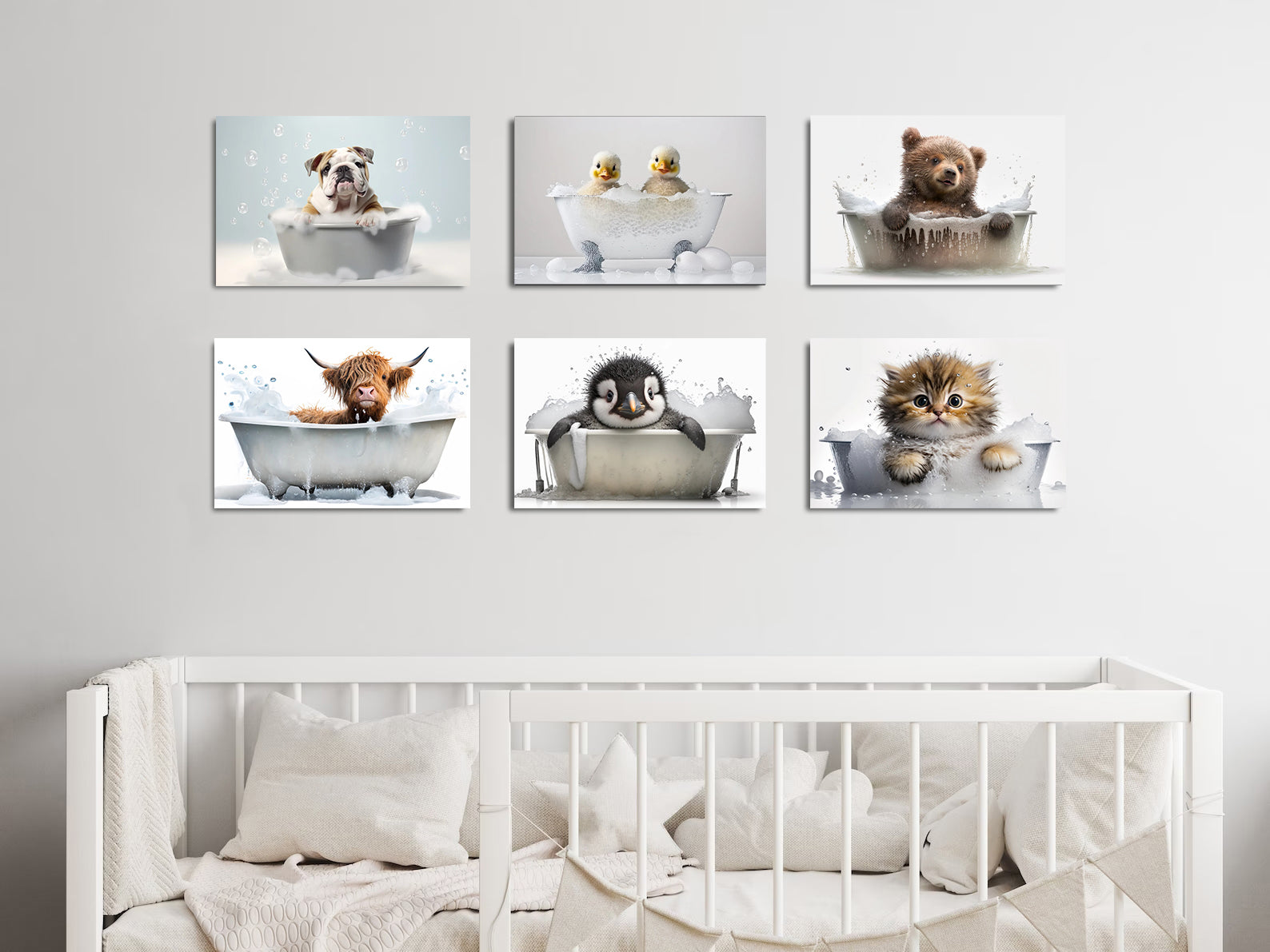 Framed 6 Panels - Kids Room - Cute Animals in Bath