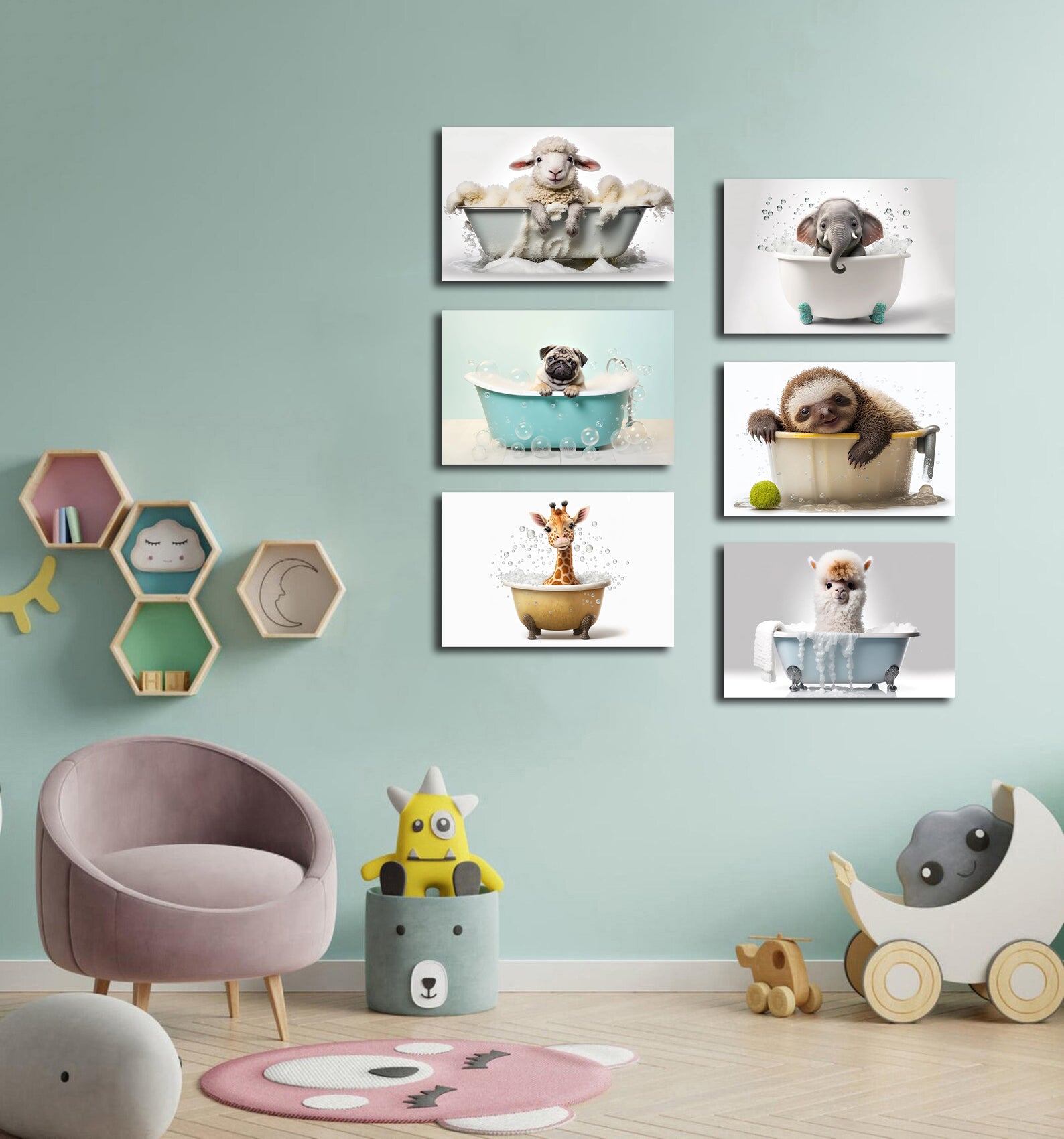 Framed 6 Panels - Kids Room - Cute Animals in Bath