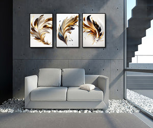 Framed 3 Panels - Golden Feathers