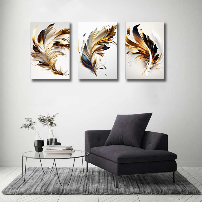 Framed 3 Panels - Golden Feathers