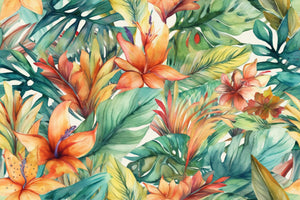 Framed 1 Panel - Palm Leaves Tropical Flowers Pattern