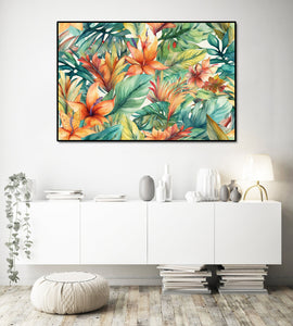 Framed 1 Panel - Palm Leaves Tropical Flowers Pattern