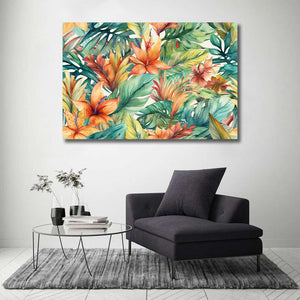 Framed 1 Panel - Palm Leaves Tropical Flowers Pattern