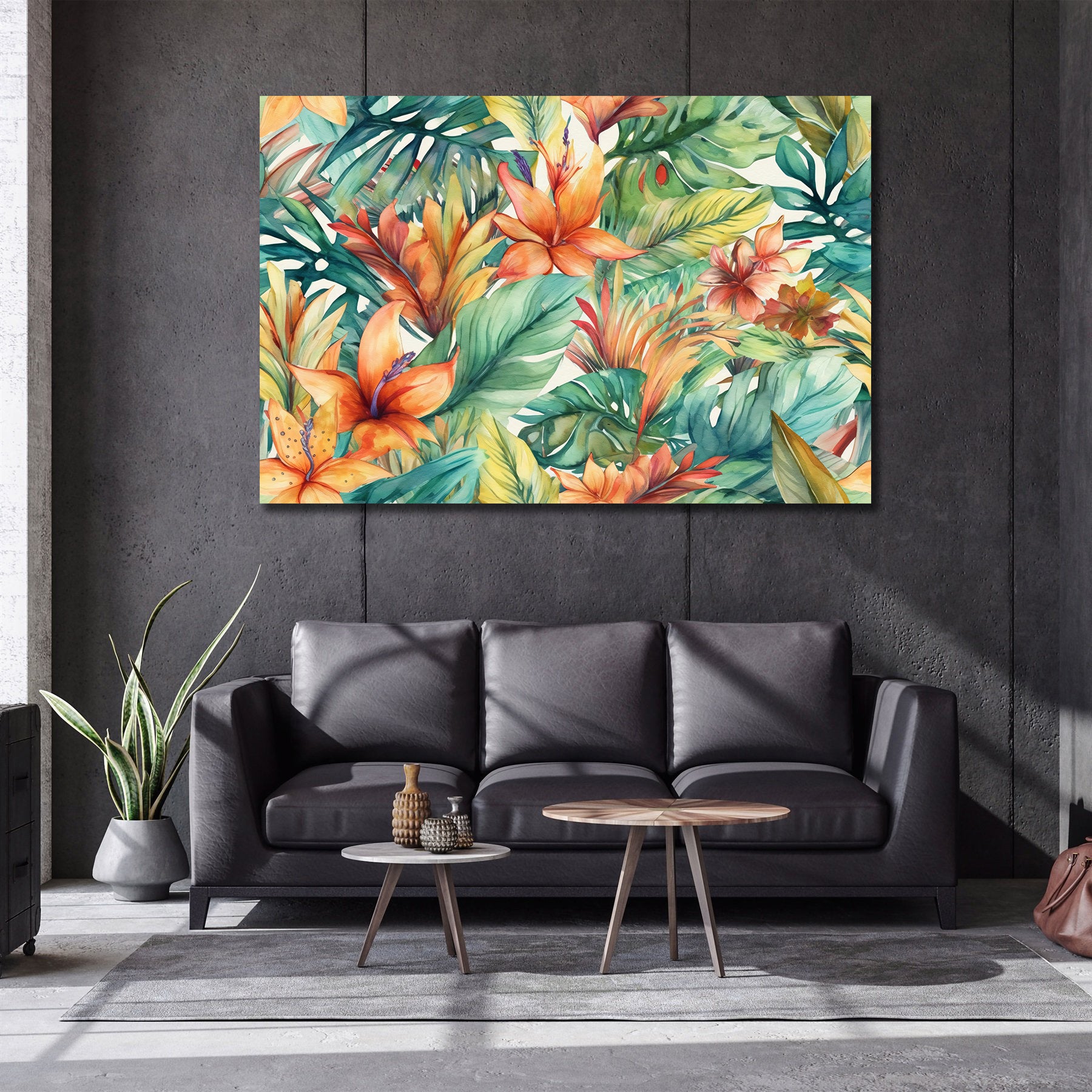 Framed 1 Panel - Palm Leaves Tropical Flowers Pattern