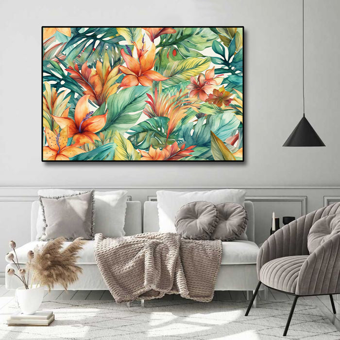 Framed 1 Panel - Palm Leaves Tropical Flowers Pattern