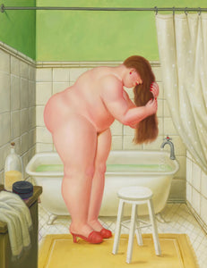 Framed 1 Panel - Hairdressing session in the bathroom by Fernando Botero