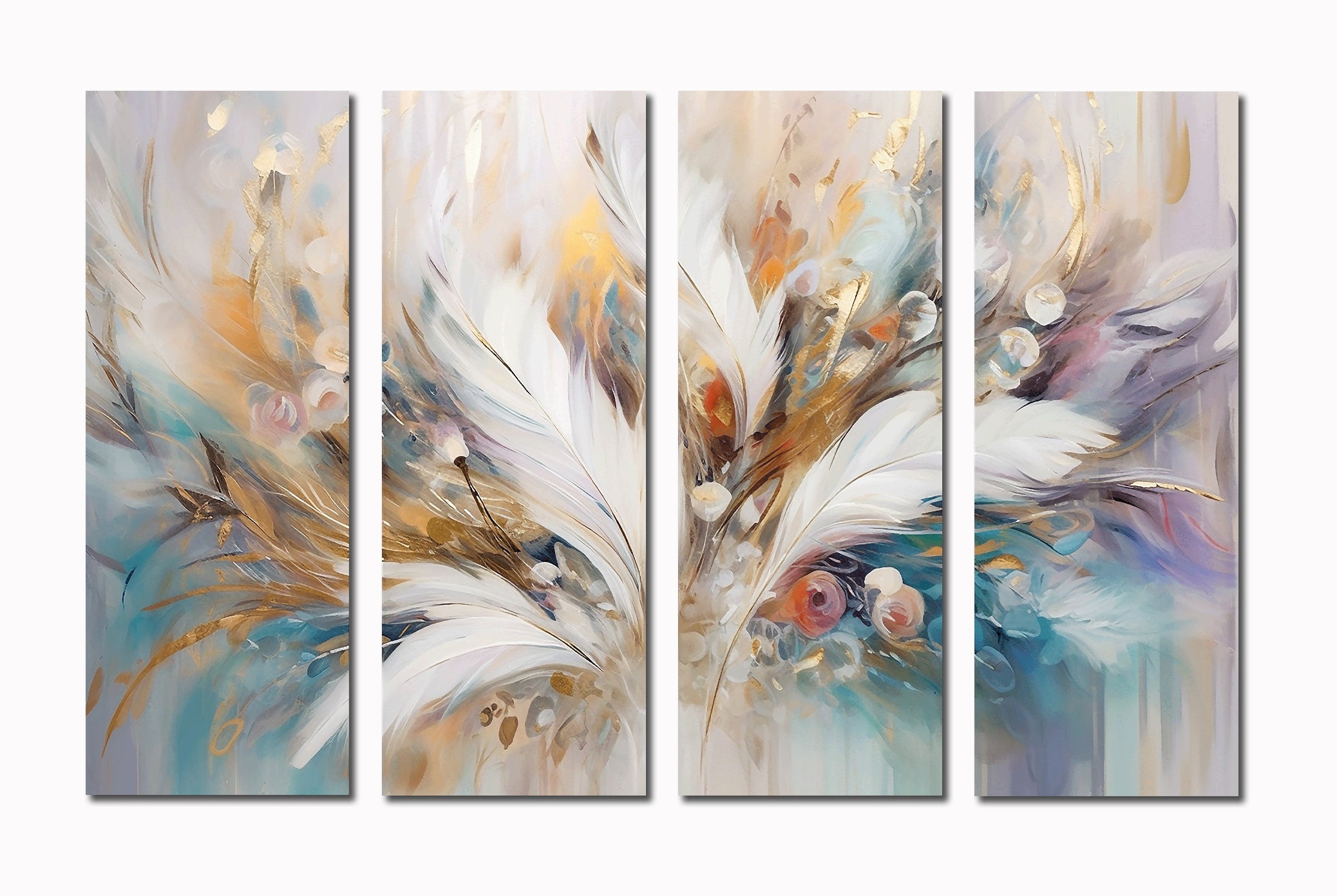 Framed 4 Panels - Water Colour Feather