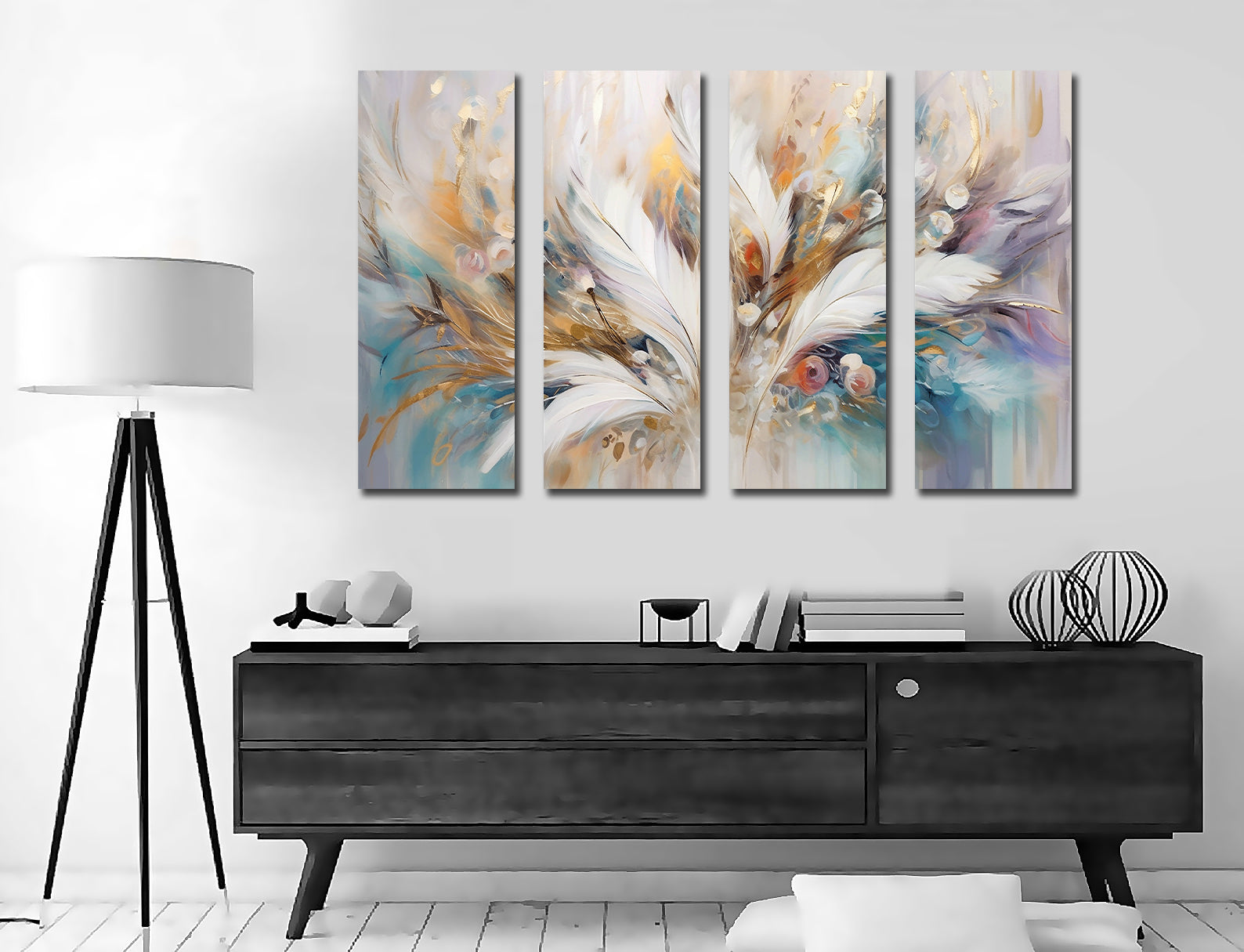 Framed 4 Panels - Water Colour Feather