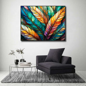 Framed 1 Panel - Colorful Feathers Stained Glass Style