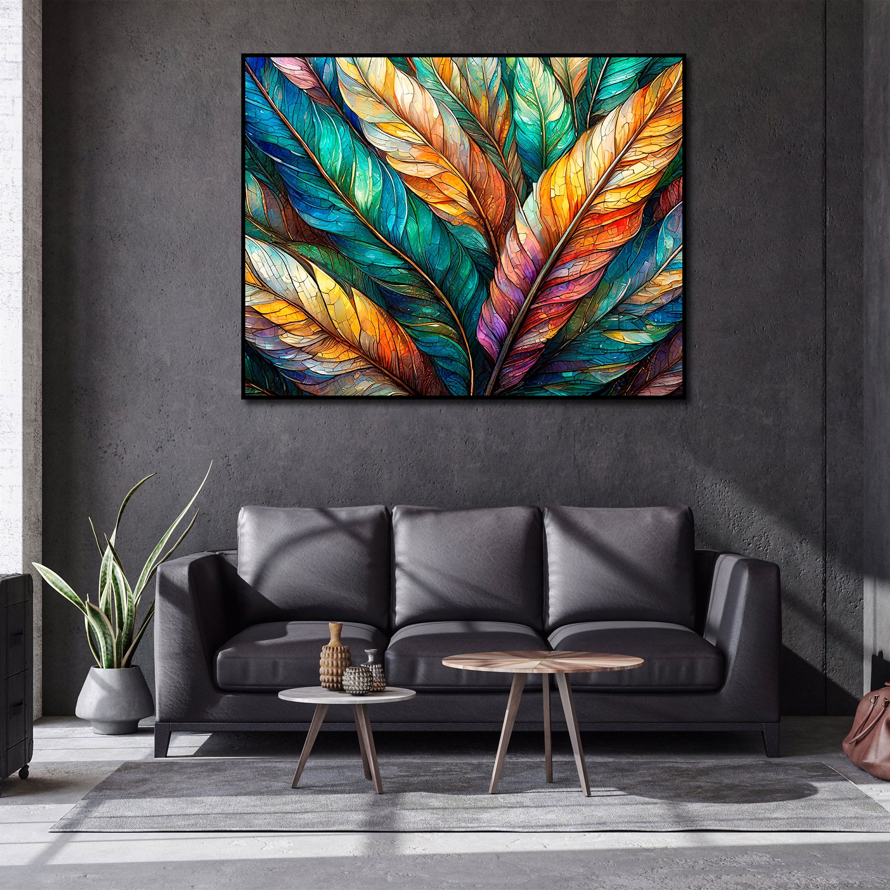 Framed 1 Panel - Colorful Feathers Stained Glass Style