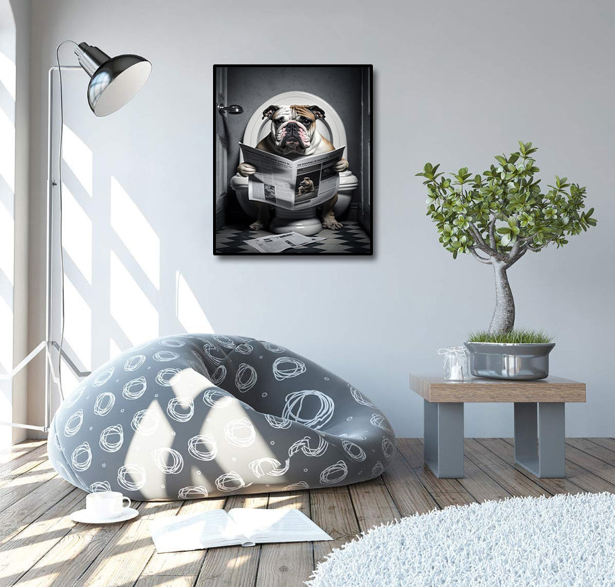 Framed 1 Panel - Bulldog in Bathroom